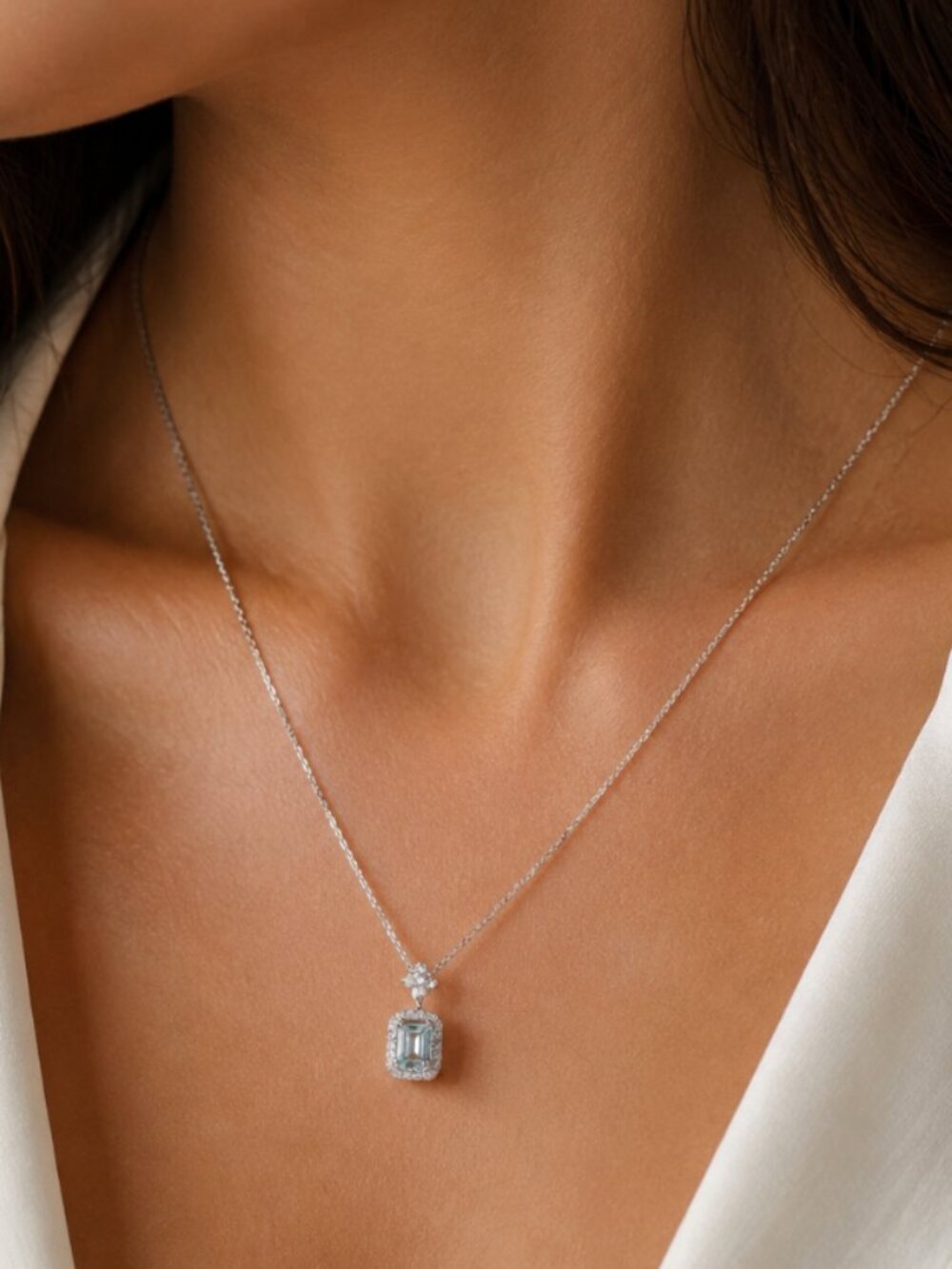925 Sterling Silver Aquamarine Pendant Necklace Dainty CZ Diamond Necklace